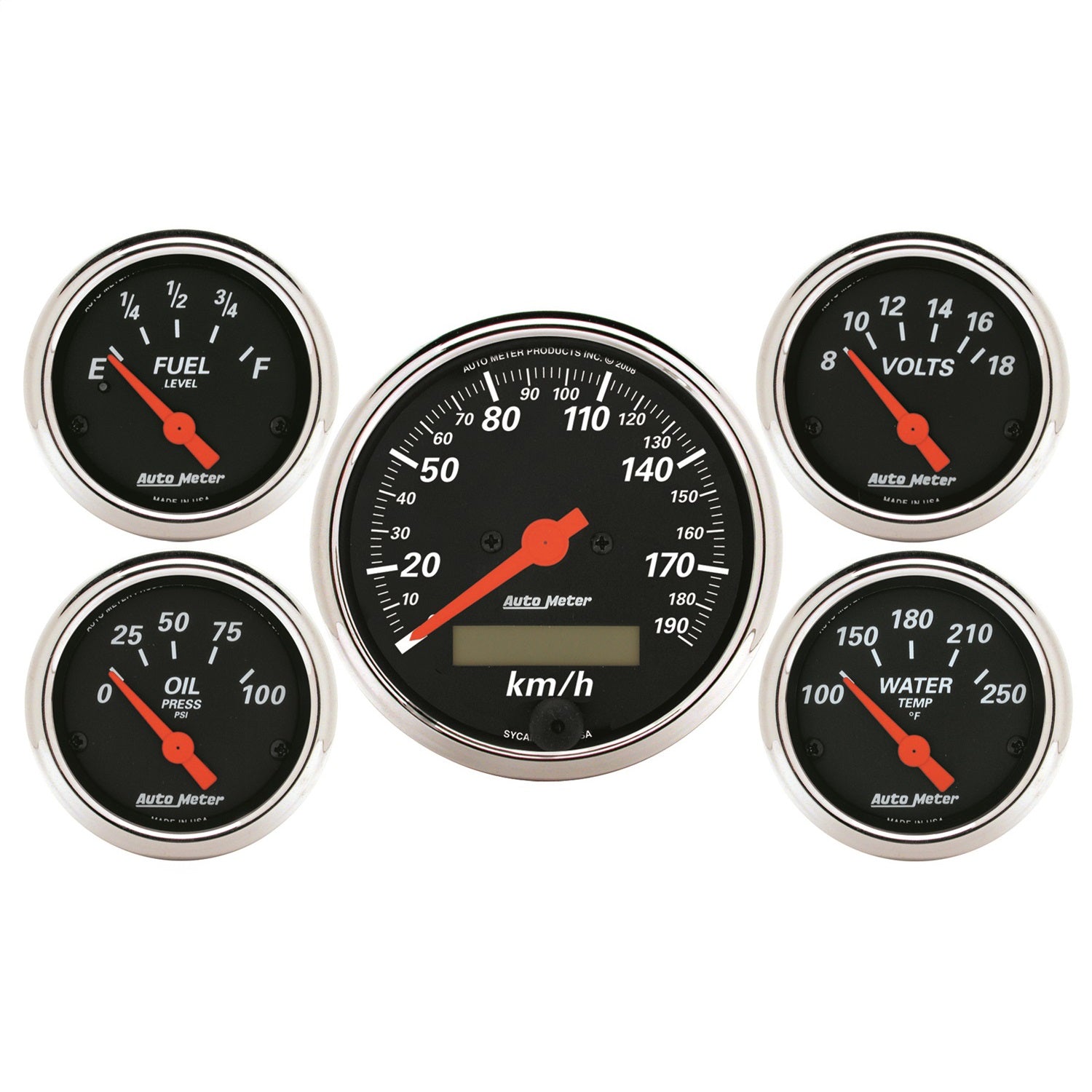 5 PC. GAUGE KIT, 3-1/8" & 2-1/16", ELEC. KM/H SPEEDOMETER, DESIGNER BLACK