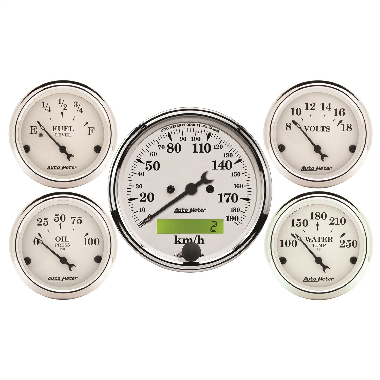 5 PC. GAUGE KIT, 3-1/8" & 2-1/16", ELEC. KM/H SPEEDOMETER, OLD TYME WHITE