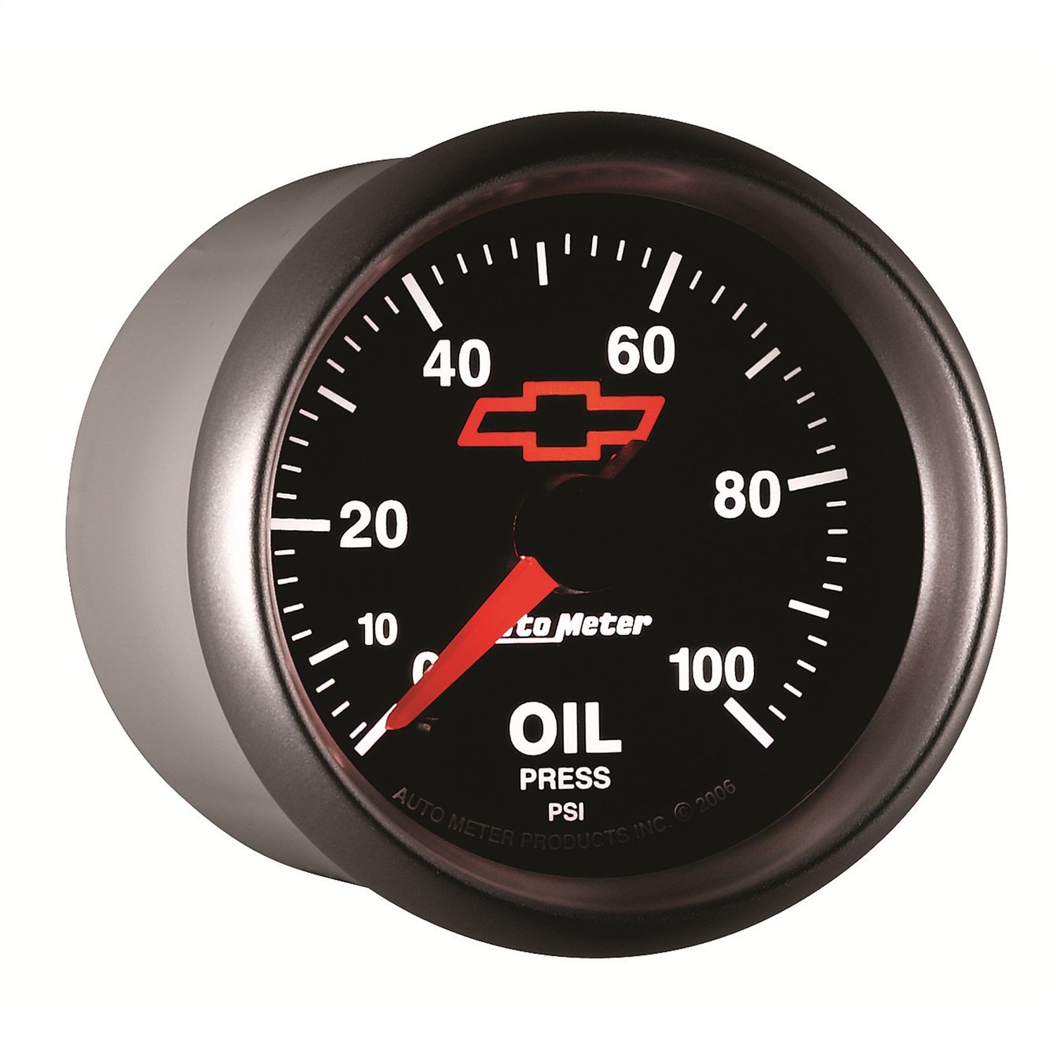 2-1/16" OIL PRESSURE, 0-100 PSI, CHEVY RED BOWTIE, BLACK