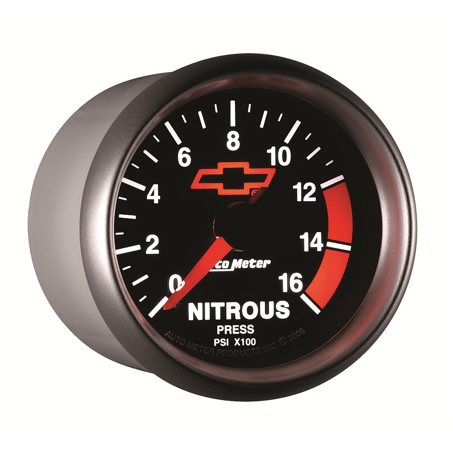 2-1/16" NITROUS PRESSURE, 0-1600 PSI, CHEVY RED BOWTIE, BLACK