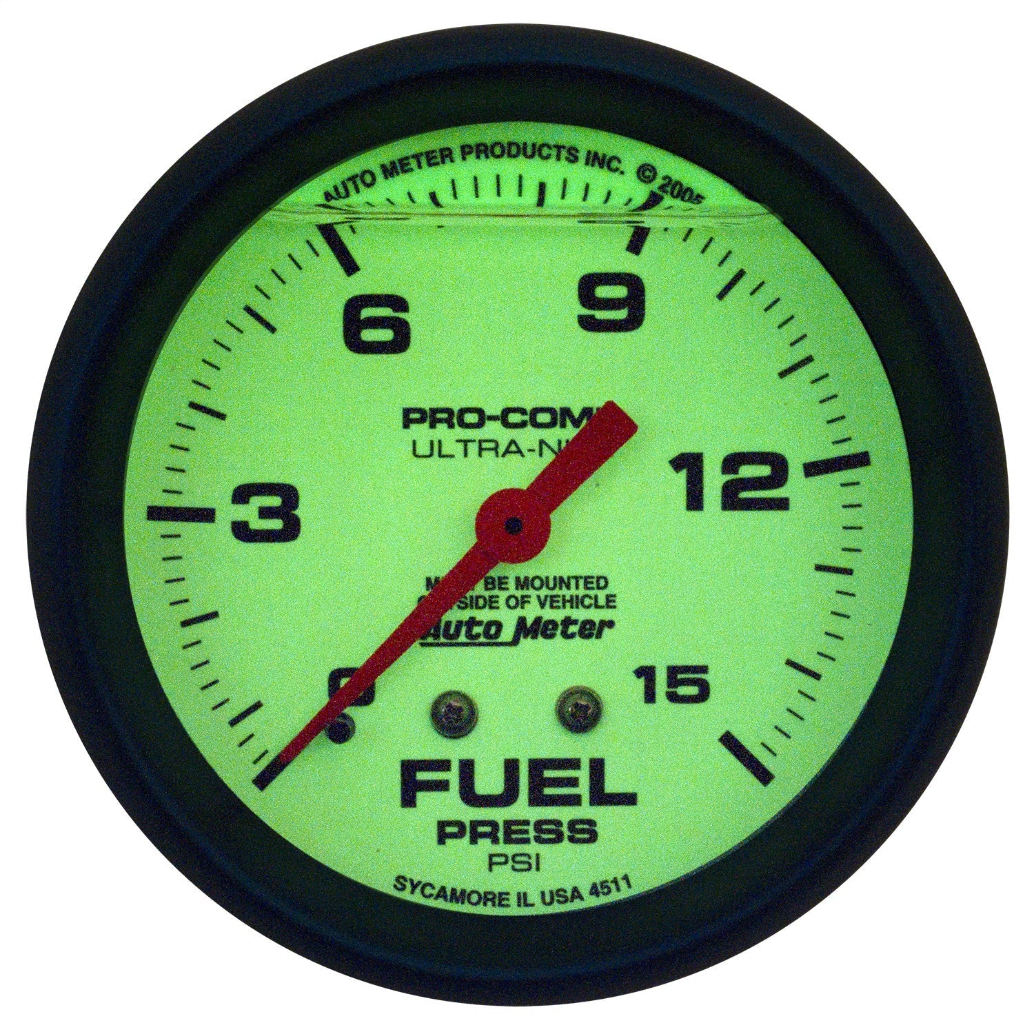 2-5/8" FUEL PRESSURE, 0-15 PSI, LIQUID FILLED, ULTRA-NITE