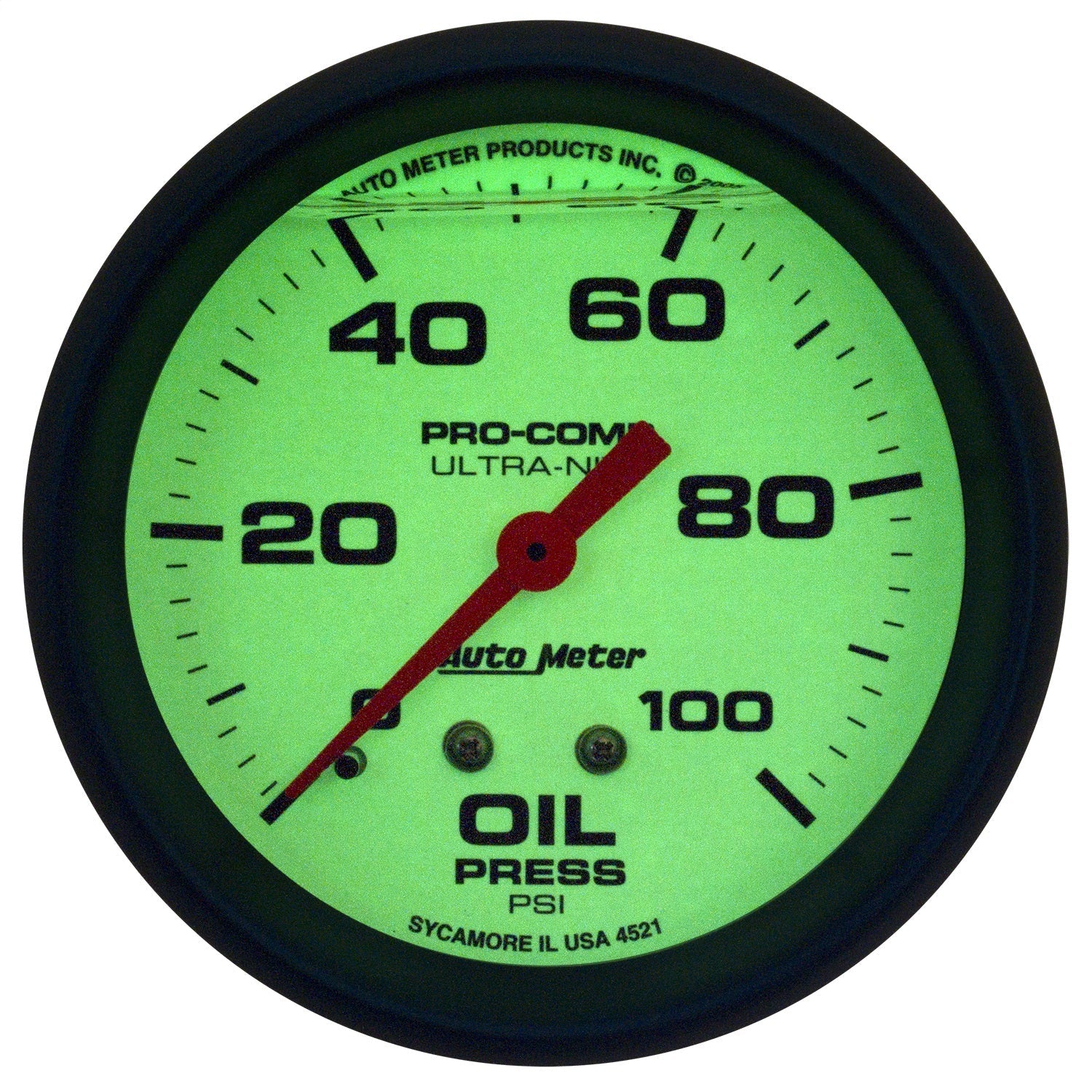 2-5/8" OIL PRESSURE, 0-100 PSI, LIQUID FILLED, ULTRA-NITE
