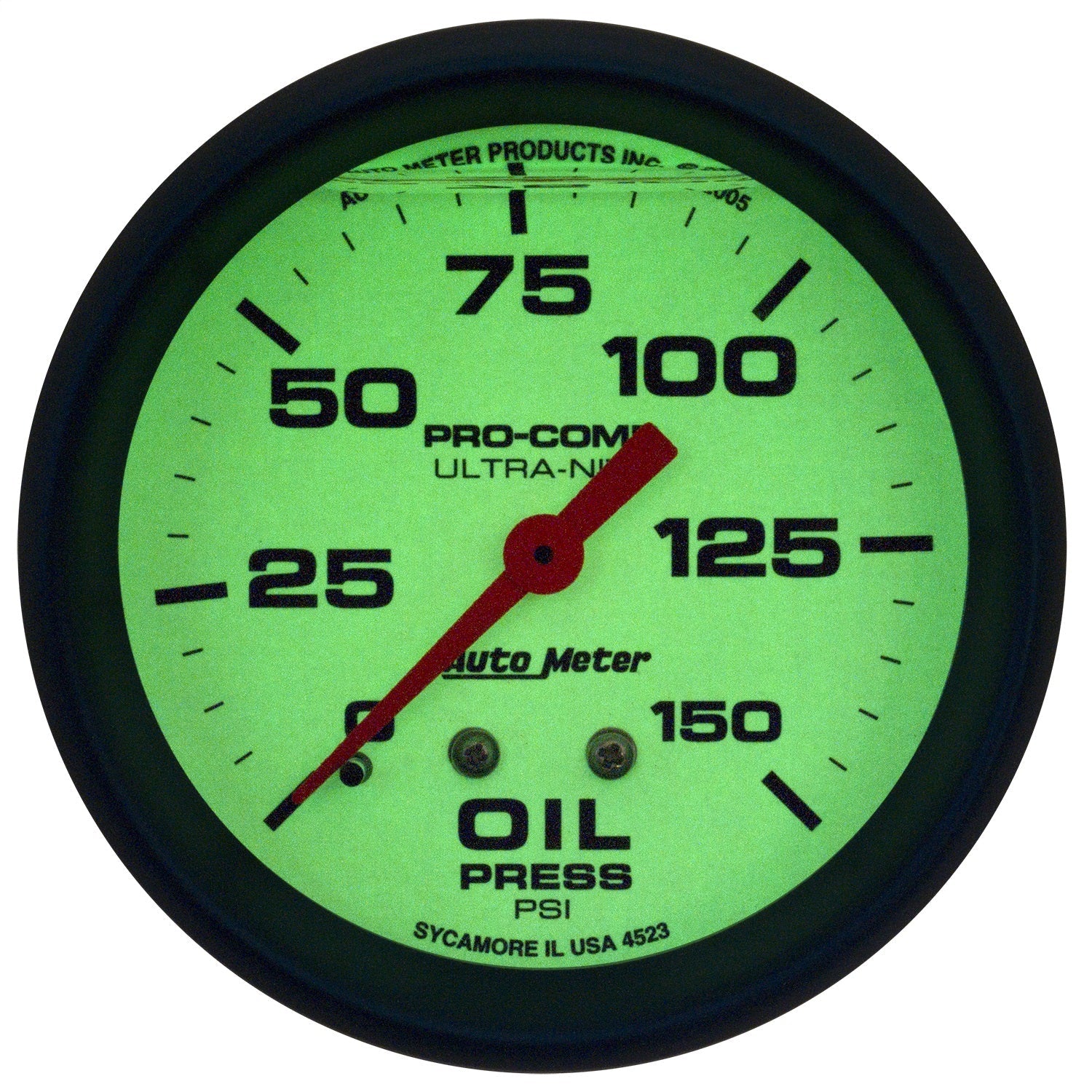 2-5/8" OIL PRESSURE, 0-150 PSI, LIQUID FILLED, ULTRA-NITE