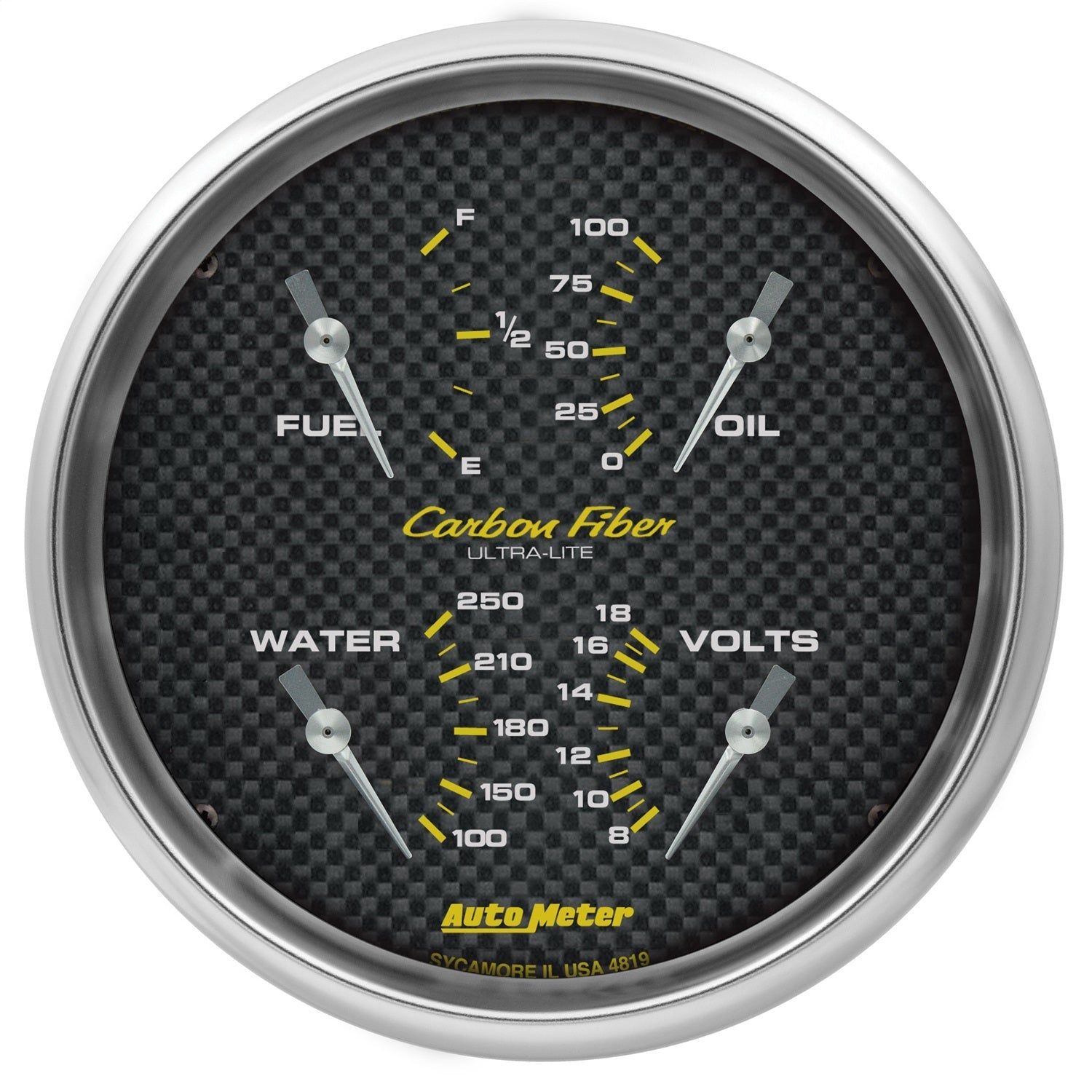 5" QUAD GAUGE, 100 PSI/100-250 °F/8-18V/0-90 ?, CARBON FIBER