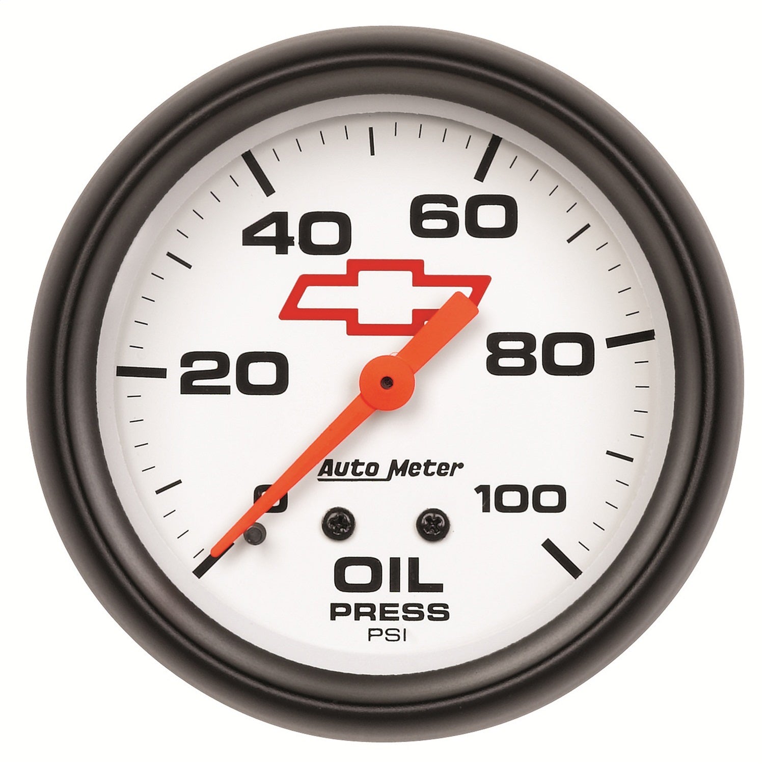 2-5/8" OIL PRESSURE, 0-100 PSI, CHEVY RED BOWTIE, WHITE
