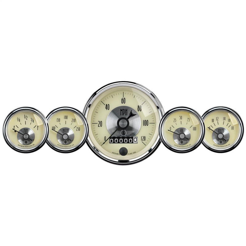 5 PC. GAUGE KIT, 3-3/8" & 2-1/16", ELEC. SPEEDO W/WHEEL ODO, PRESTIGE ANTQ. IVORY