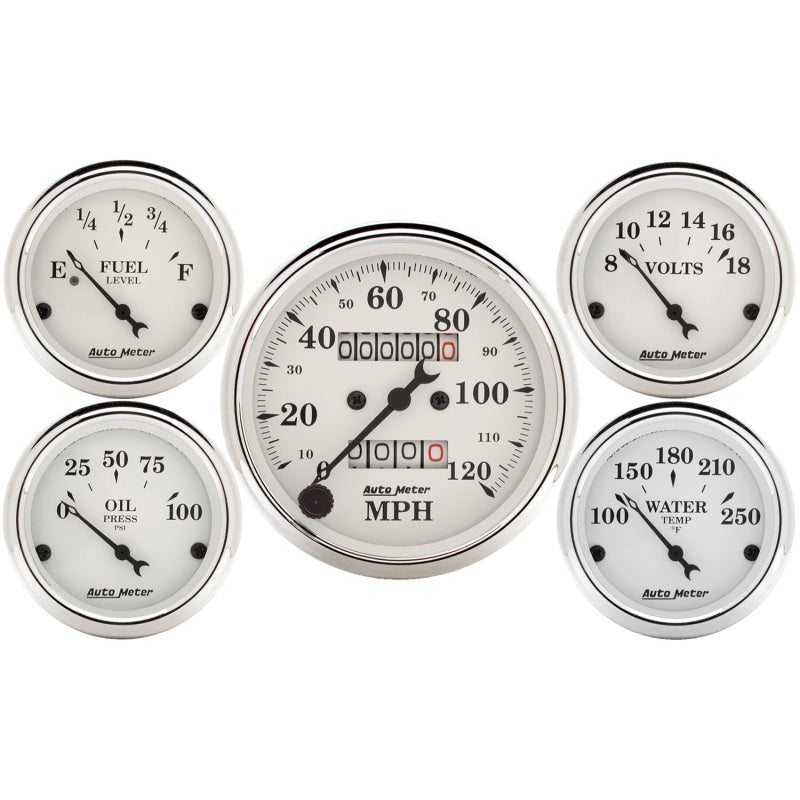 5 PC. GAUGE KIT, 3-1/8" & 2-1/16", MECH. SPEEDOMETER, OLD TYME WHITE
