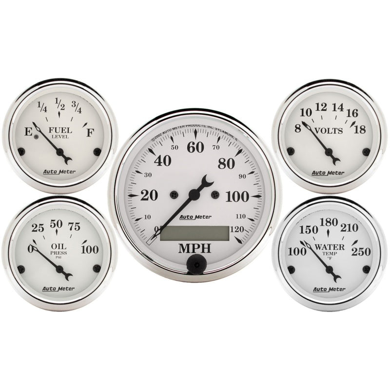 5 PC. GAUGE KIT, 3-1/8" & 2-1/16", ELEC. SPEEDOMETER, OLD TYME WHITE