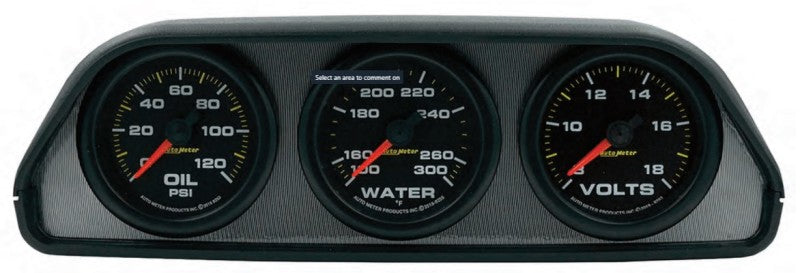 GAUGE KIT, DASH POD MOUNT, OILP/WTMP/VOLT, 2-1/16", 100PSI/300ºF/18V, BLK DIAL, BLK BZL, EEG