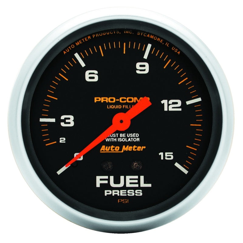 2-5/8" FUEL PRESSURE W/ ISOLATOR, 0-15 PSI, LIQUID FILLED, PRO-COMP