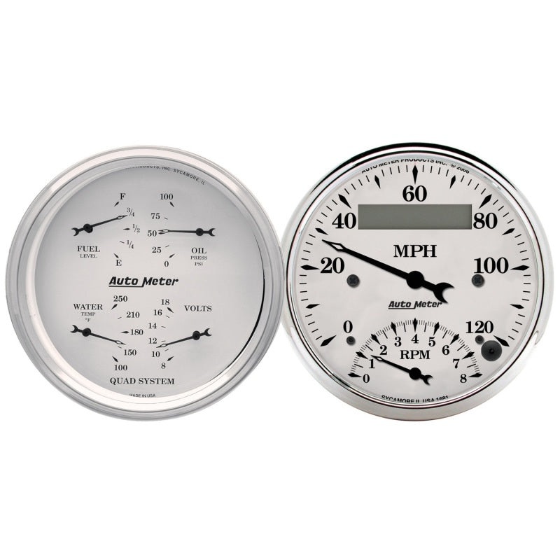 2 PC. GAUGE KIT, 3-3/8" QUAD & TACH/SPEEDO, 240-33 ?, OLD TYME WHITE