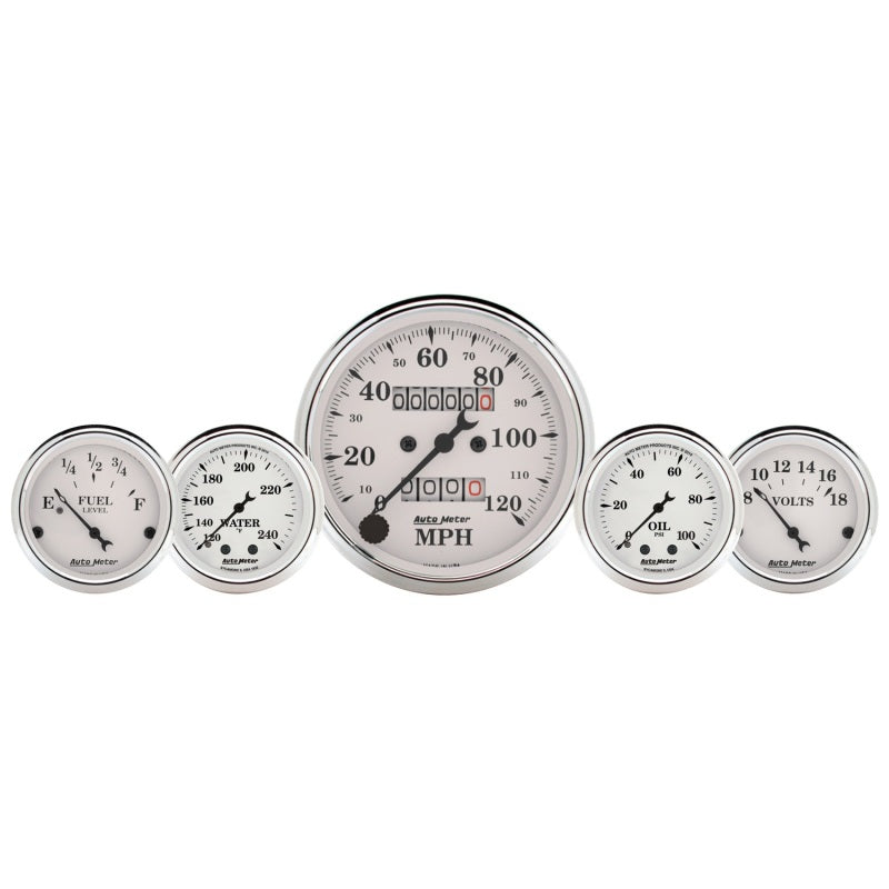 5 PC. GAUGE KIT, 3-1/8" & 2-1/16", MECH. SPEEDO., WTMP & OILP, OLD TYME WHT
