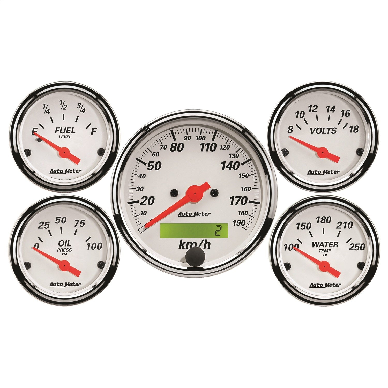 5 PC. GAUGE KIT, 3-1/8" & 2-1/16", ELEC. KM/H SPEEDO., ARCTIC WHITE