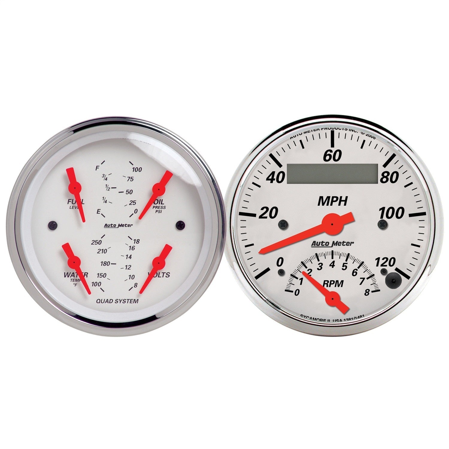 2 PC. GAUGE KIT, 3-3/8" QUAD & TACH/SPEEDO, 240-33 ?, ARCTIC WHITE