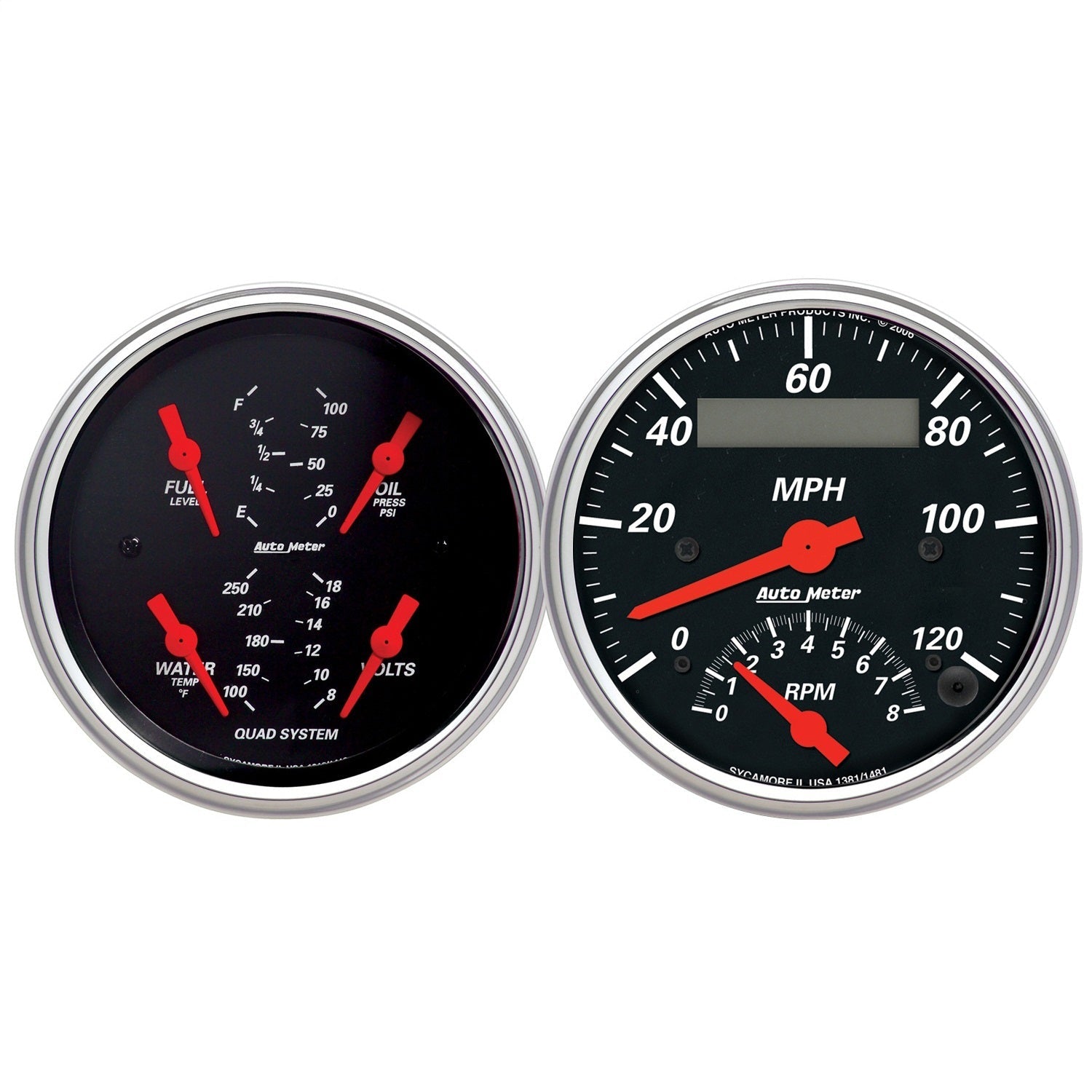 2 PC. GAUGE KIT, 3-3/8" QUAD & TACH/SPEEDO, 240-33 ?, DESIGNER BLACK