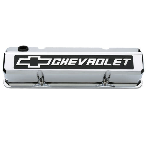 Proform 141-922 Slant-Edge Valve Covers Chevy Bowtie, Chrome w/ Blackfield