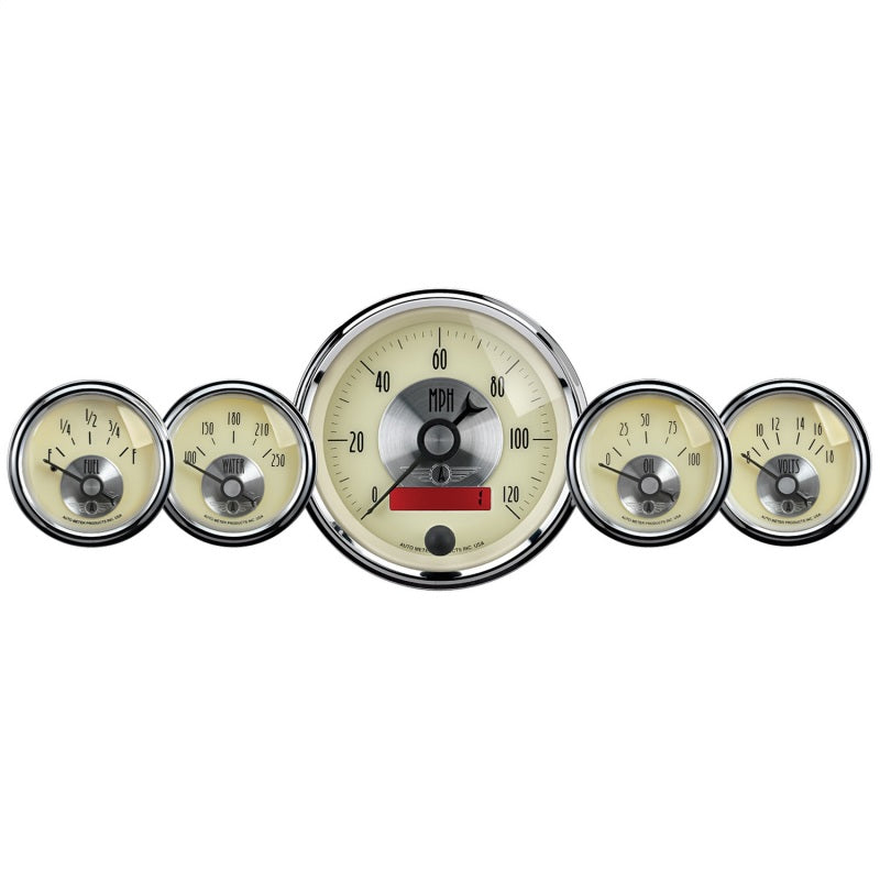 5 PC. GAUGE KIT, 3-3/8" & 2-1/16", ELEC. SPEEDO W/LCD ODO, PRESTIGE ANTQ. IVORY