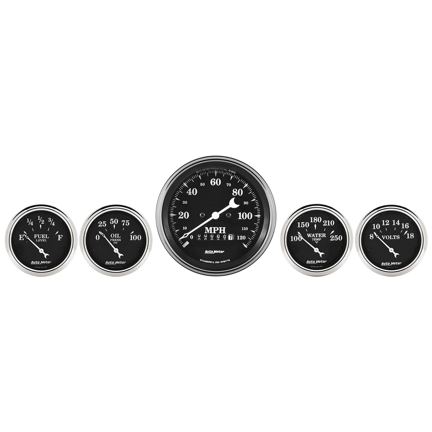 5 PC. GAUGE KIT, 3-3/8" & 2-1/16", ELEC. SPEEDOMETER, OLD TYME BLACK