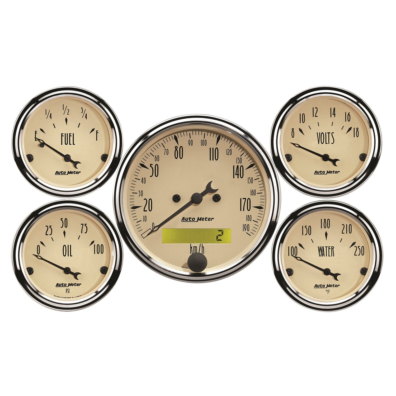 5 PC. GAUGE KIT, 3-1/8" & 2-1/16", ELEC. KM/H SPEEDOMETER, ANTIQUE BEIGE