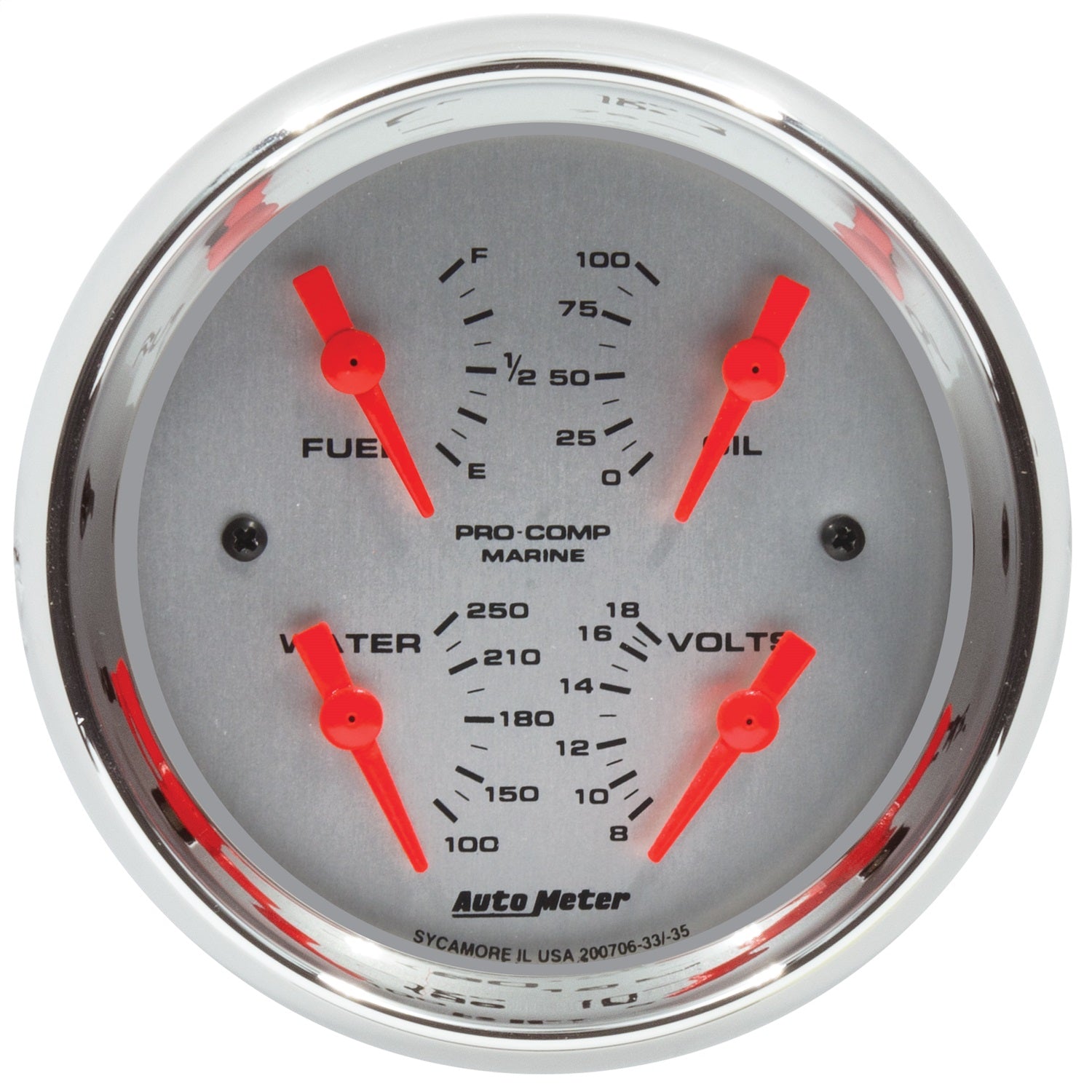 3-3/8" QUAD GAUGE, 100 PSI/100-250 °F/8-18V/240-33 ?, MARINE CHROME