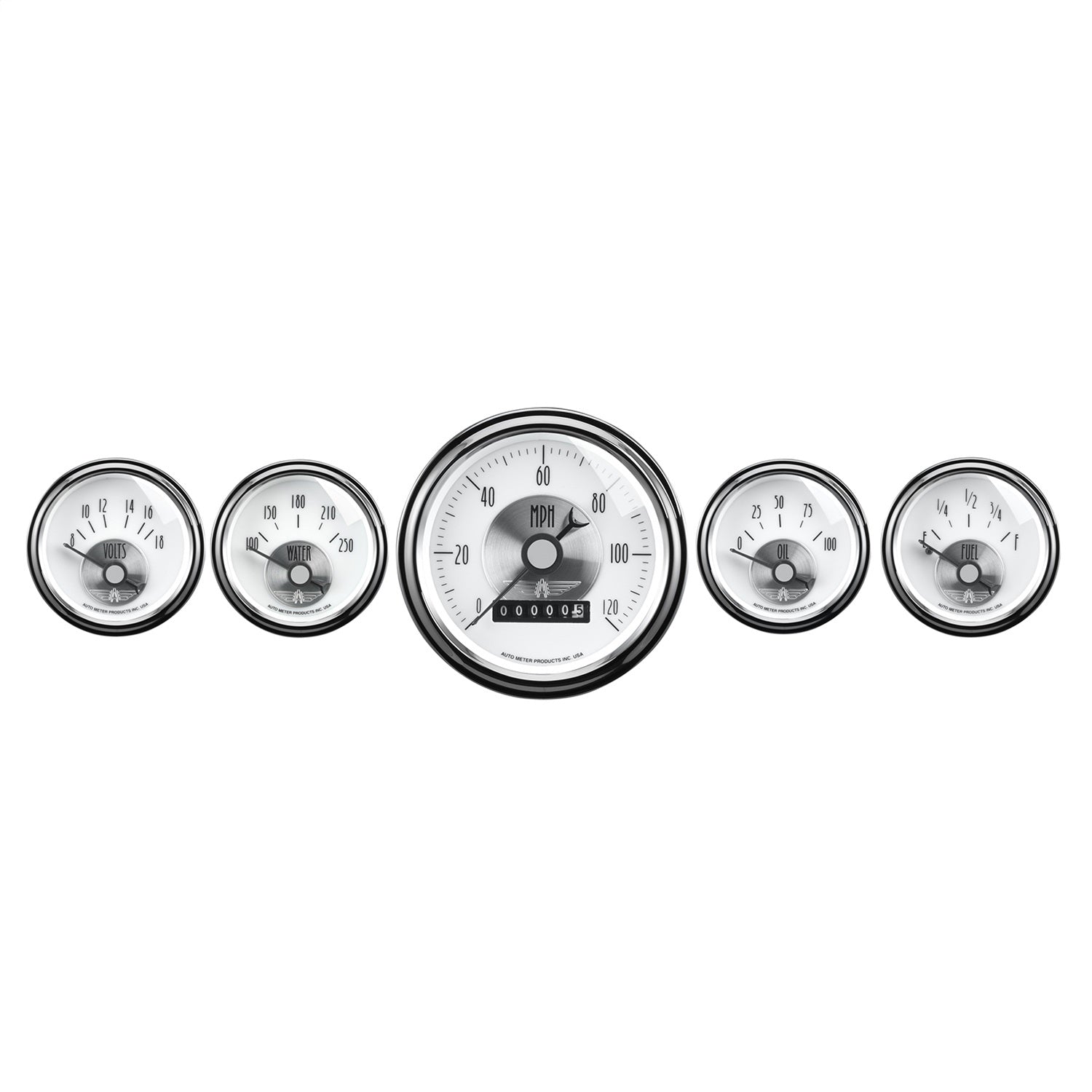5 PC. GAUGE KIT, 3-3/8" & 2-1/16", ELEC. SPEEDO W/ WHEEL ODO, PRESTIGE PEARL
