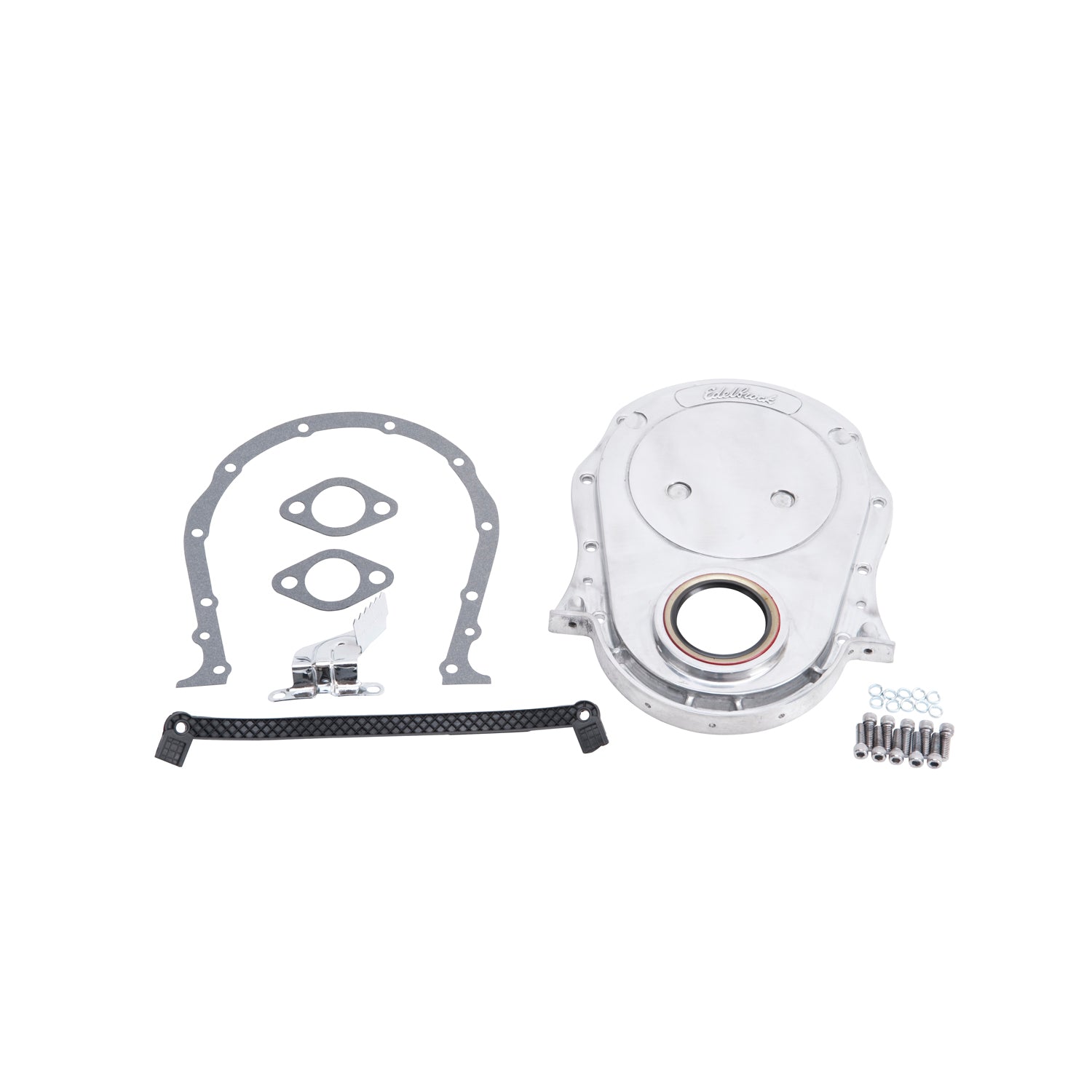 Edelbrock 4241 Timing Cover 1-Piece Aluminum Polished Gaskets Bolts Timing