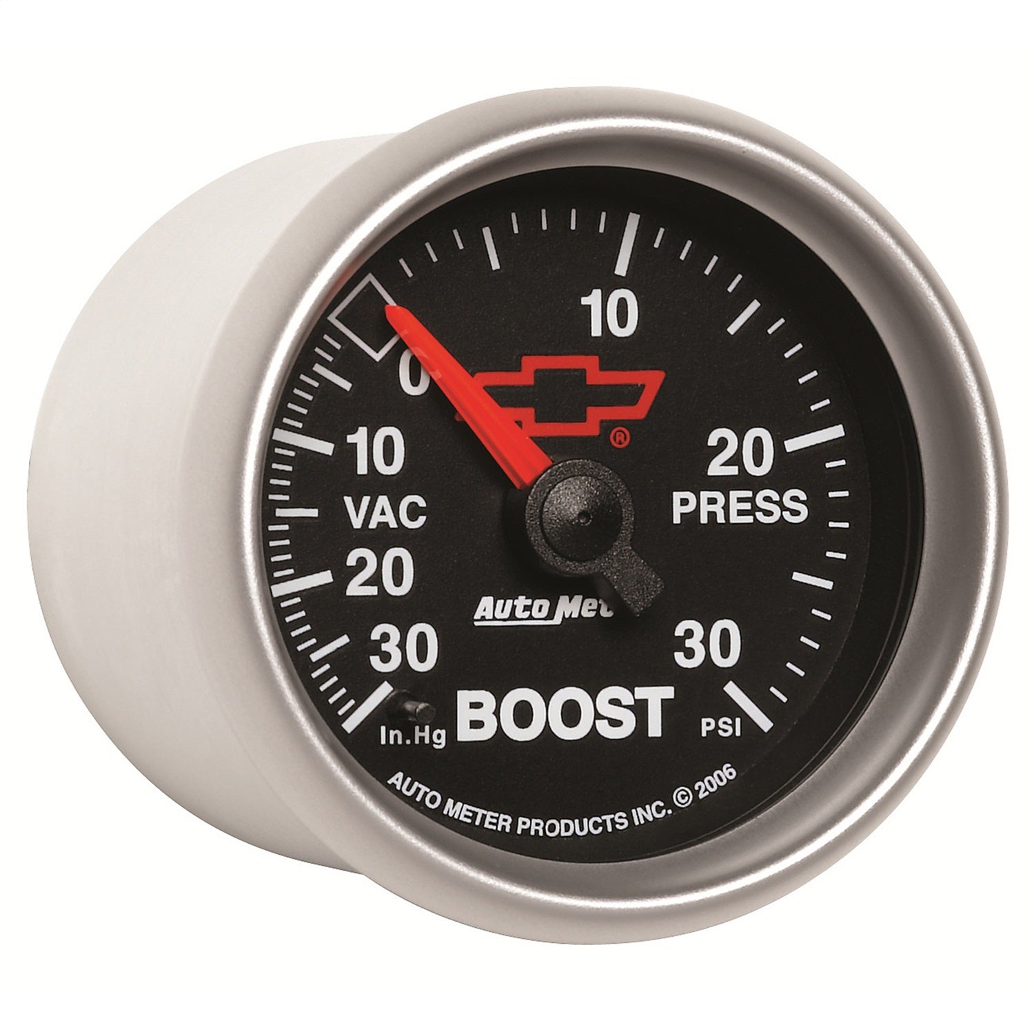 2-1/16" BOOST/VACUUM, 30 IN HG/30 PSI, CHEVY RED BOWTIE, BLACK