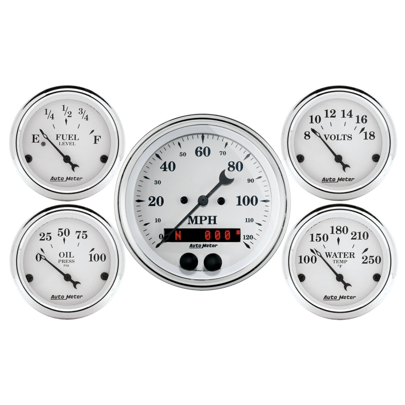 5 PC. GAUGE KIT, 3-3/8" & 2-1/16", GPS SPEEDOMETER, OLD TYME WHITE