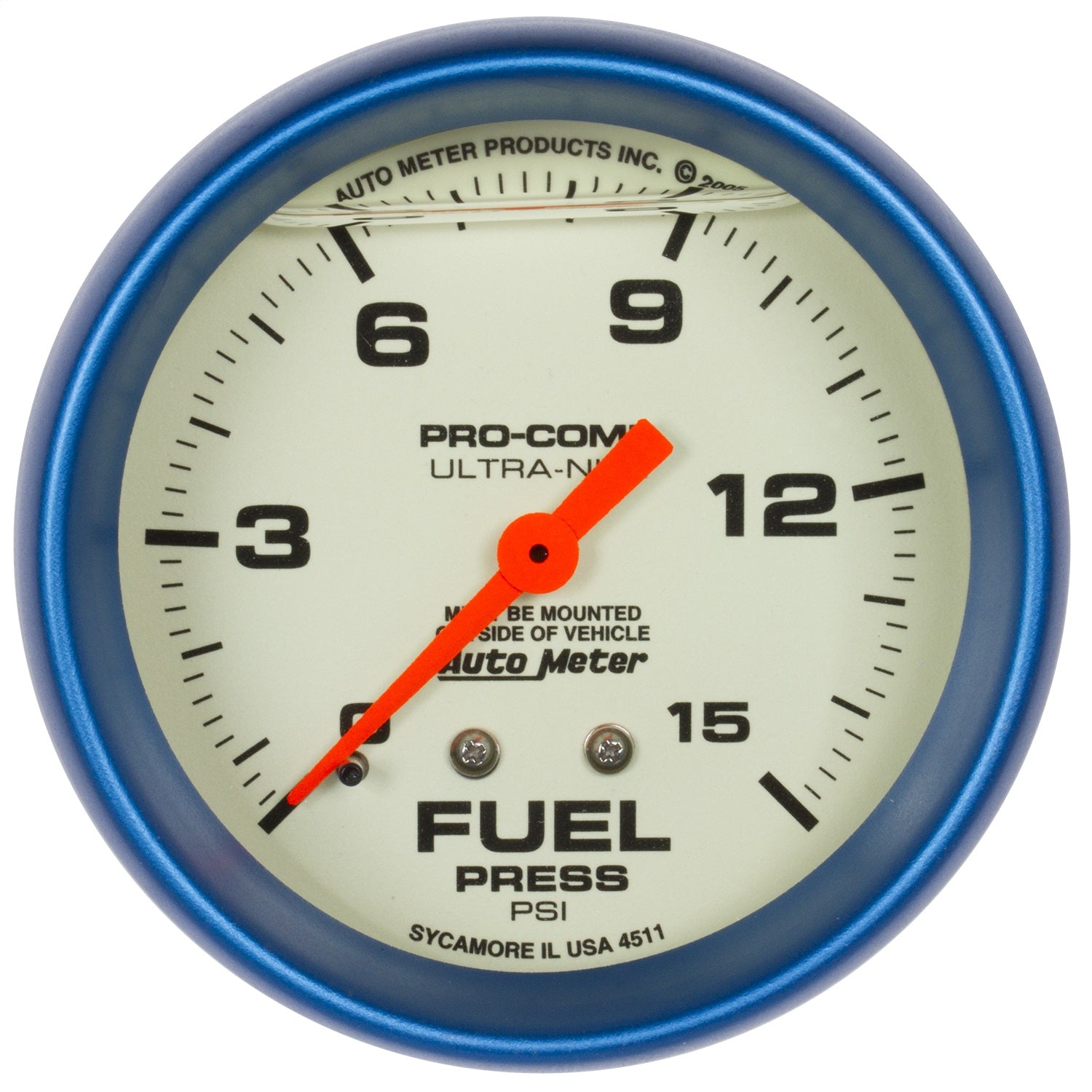 2-5/8" FUEL PRESSURE, 0-15 PSI, LIQUID FILLED, ULTRA-NITE