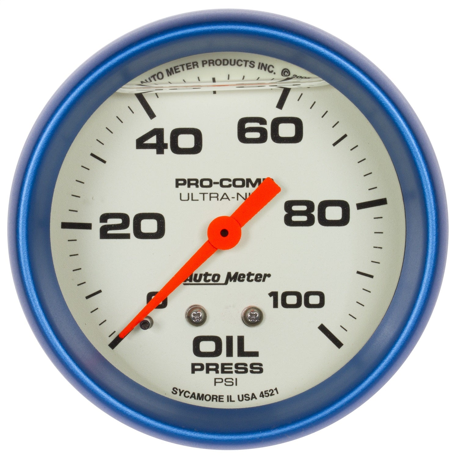 2-5/8" OIL PRESSURE, 0-100 PSI, LIQUID FILLED, ULTRA-NITE