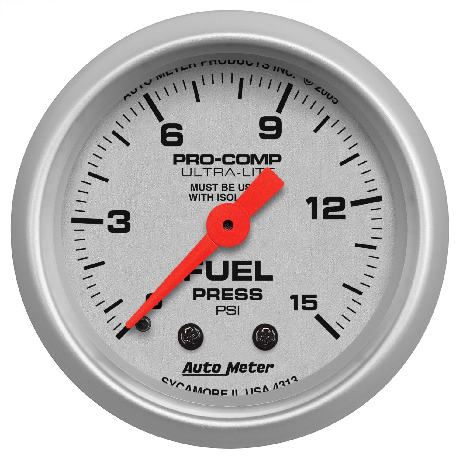 2-1/16" FUEL PRESSURE W/ ISOLATOR, 0-15 PSI, ULTRA-LITE
