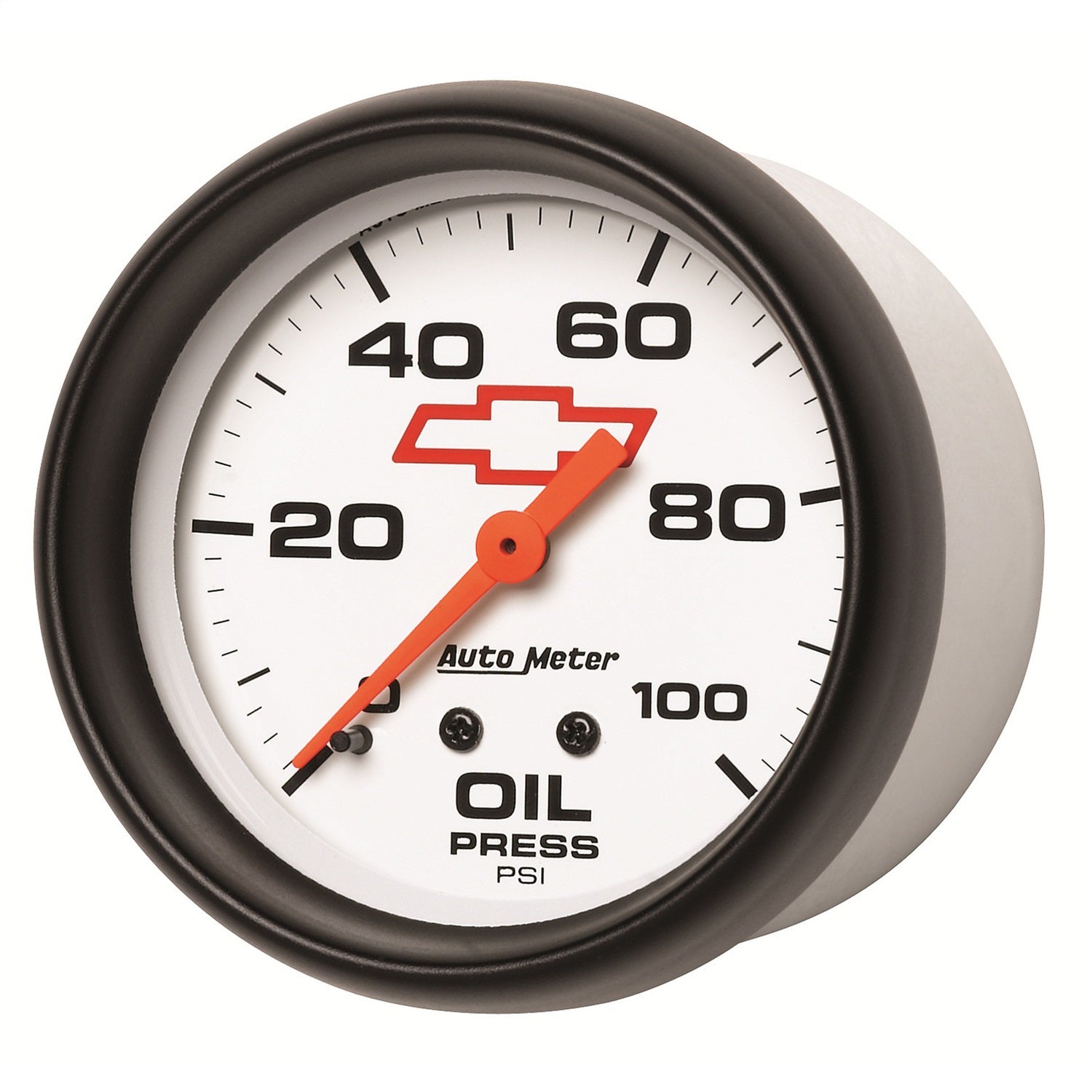 2-5/8" OIL PRESSURE, 0-100 PSI, CHEVY RED BOWTIE, WHITE