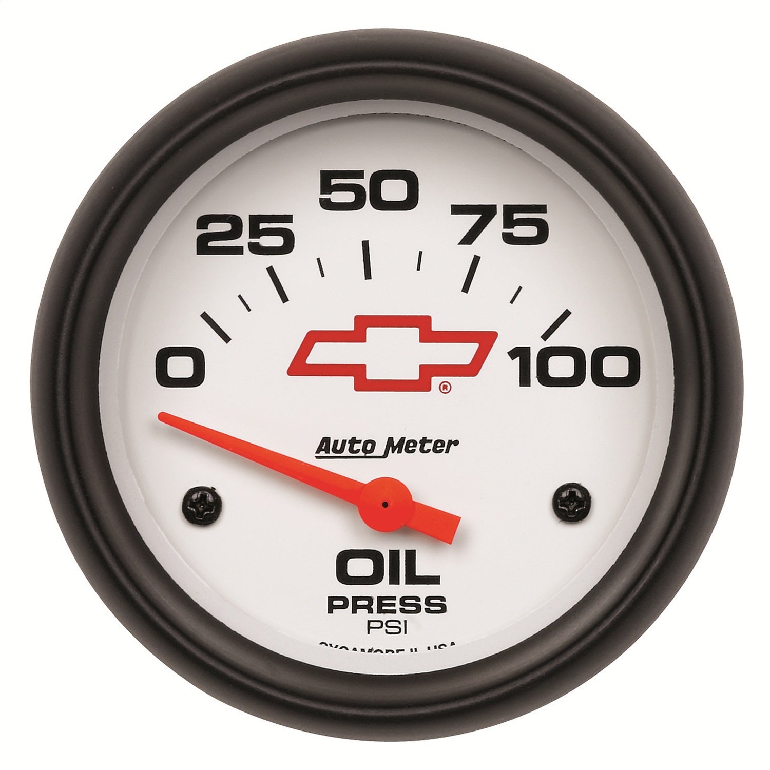 2-5/8" OIL PRESSURE, 0-100 PSI, CHEVY RED BOWTIE, WHITE
