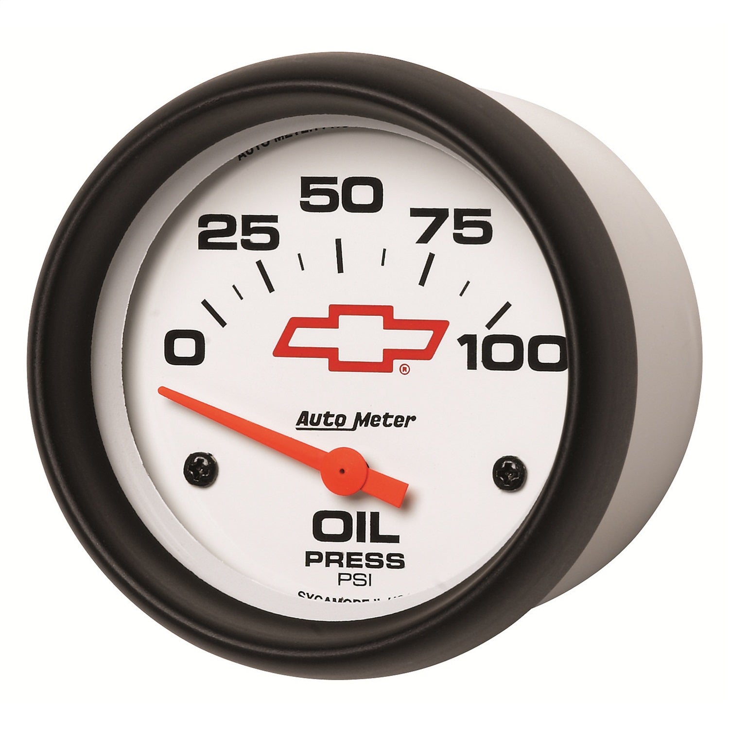 2-5/8" OIL PRESSURE, 0-100 PSI, CHEVY RED BOWTIE, WHITE