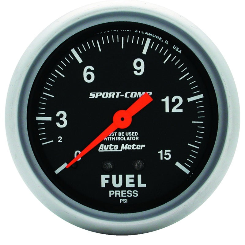 2-5/8" FUEL PRESSURE W/ ISOLATOR, 0-15 PSI, SPORT-COMP