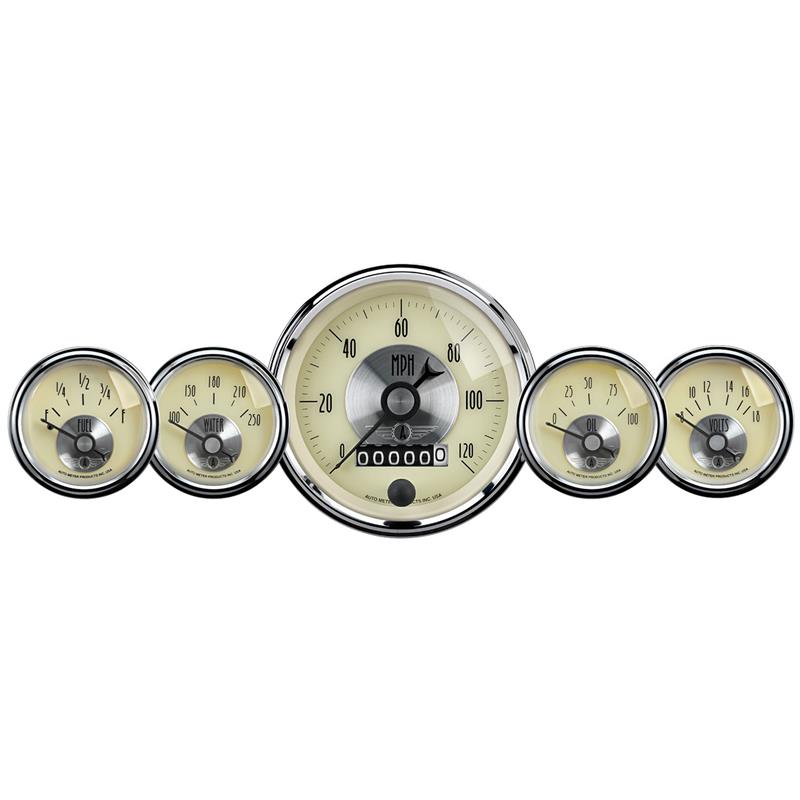 5 PC. GAUGE KIT, 3-3/8" & 2-1/16", ELEC. SPEEDO W/WHEEL ODO, PRESTIGE ANTQ. IVORY