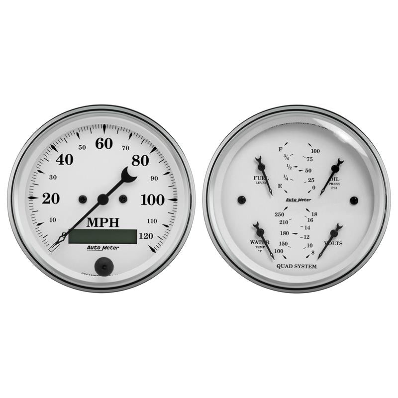 2 PC. GAUGE KIT, 3-3/8" QUAD & SPEEDOMETER, 240-33 ?, OLD TYME WHITE