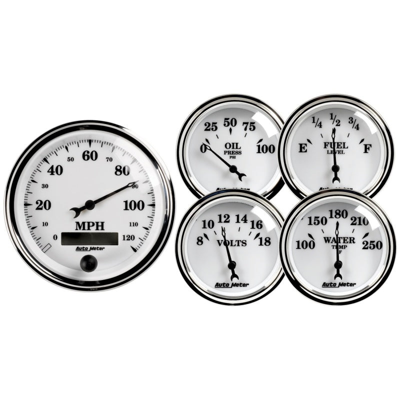 5 PC. GAUGE KIT, 3-3/8" & 2-1/16", ELEC. SPEEDOMETER, OLD TYME WHITE II