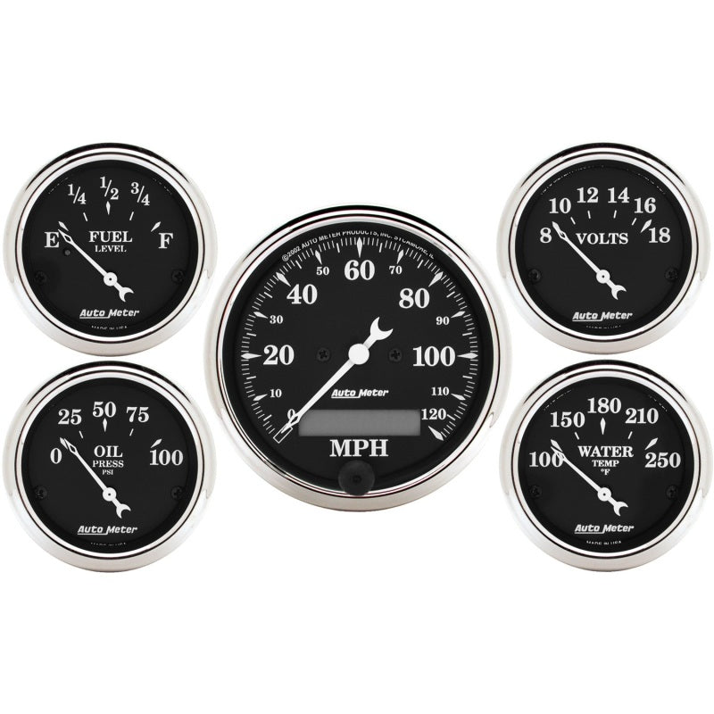 5 PC. GAUGE KIT, 3-1/8" & 2-1/16", ELEC. SPEEDOMETER, OLD TYME BLACK