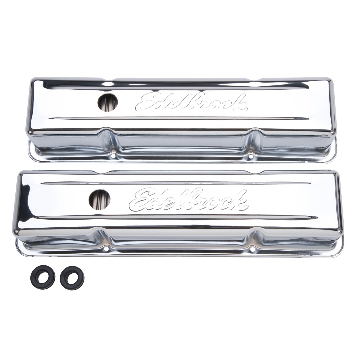 Edelbrock 4649 Valve Covers Signature Series Tall Steel Chrome Edelbrock Logo